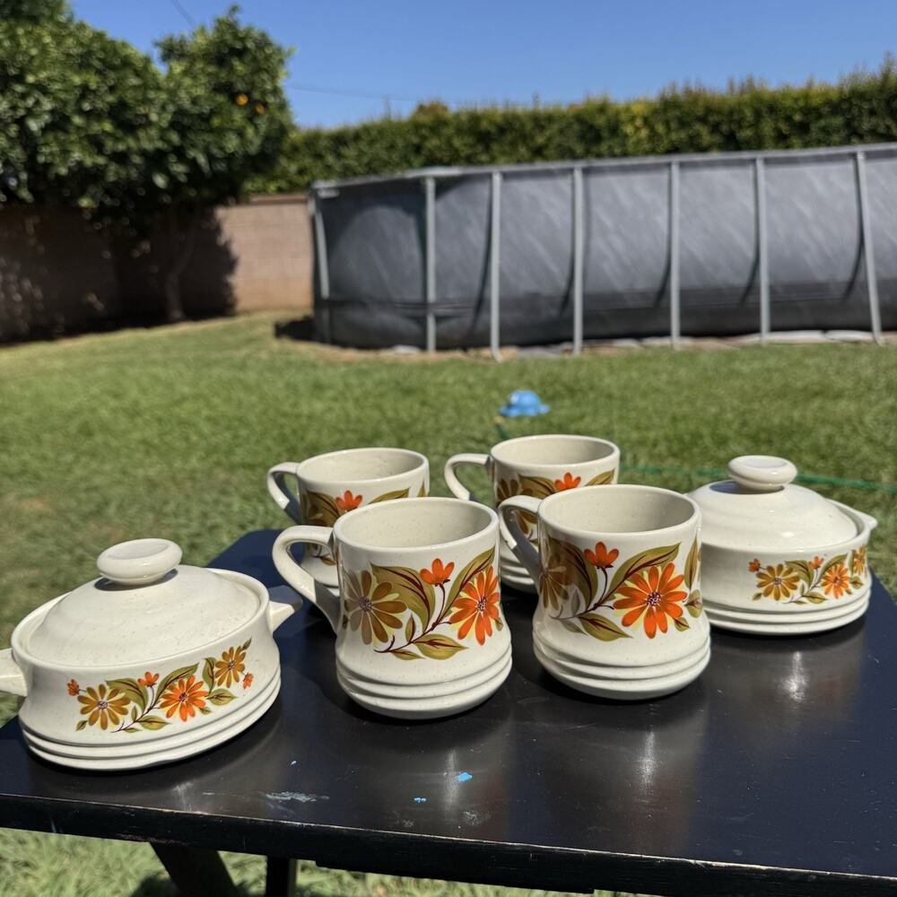 Vintage Capri Bake Serve N Store Stoneware Soup Mug Crock Bowl Set Japan Floral
